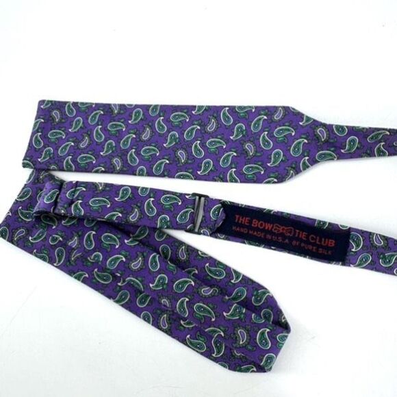 The Bow Tie Club Mens Pure Silk Paisley Handmade Adjustable Bow Tie Purple Green - Picture 4 of 5